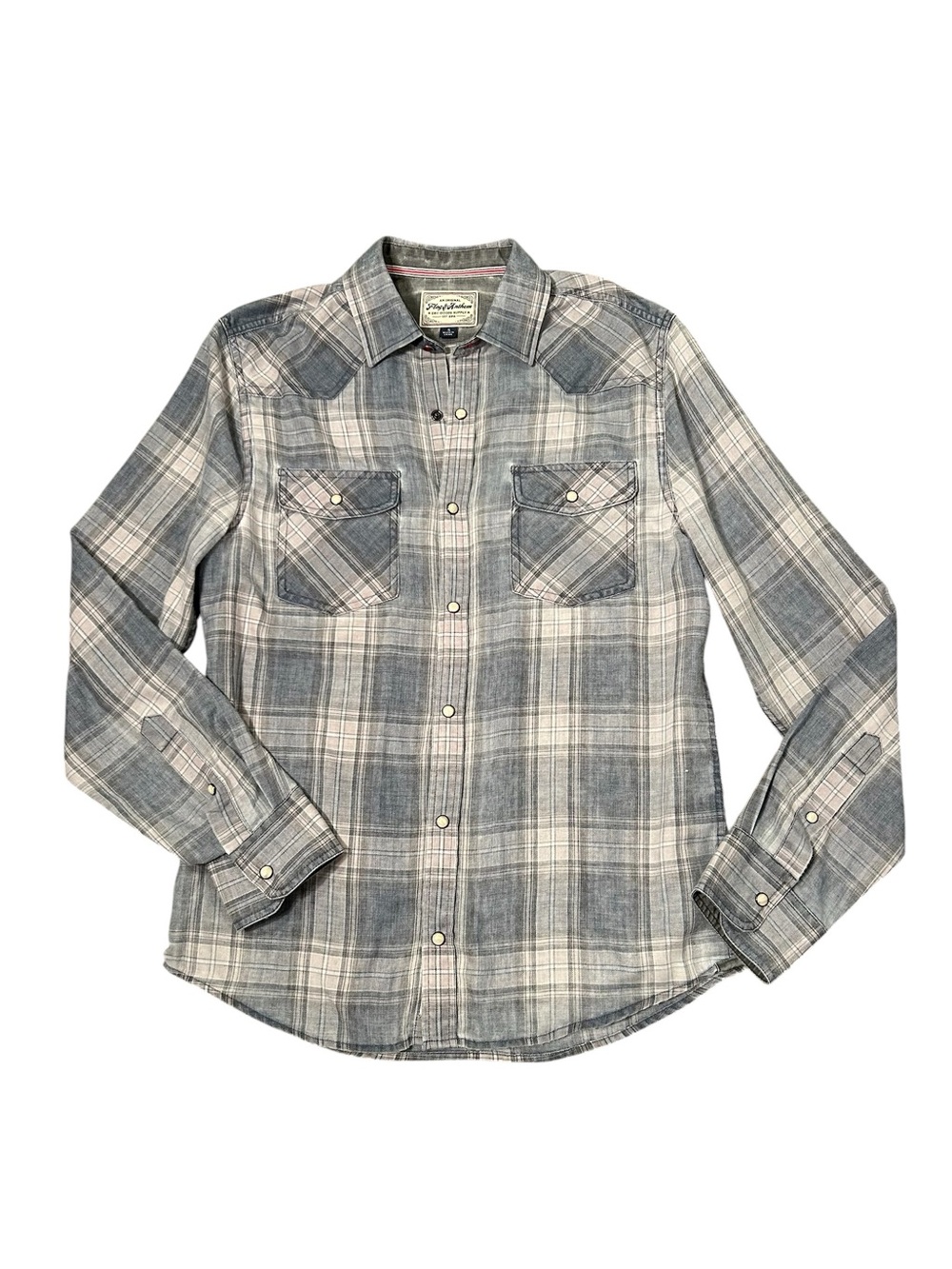 Flag & Anthem Western Shirt Size S Gray Blue Plaid Pearl Snap Front Cowboy